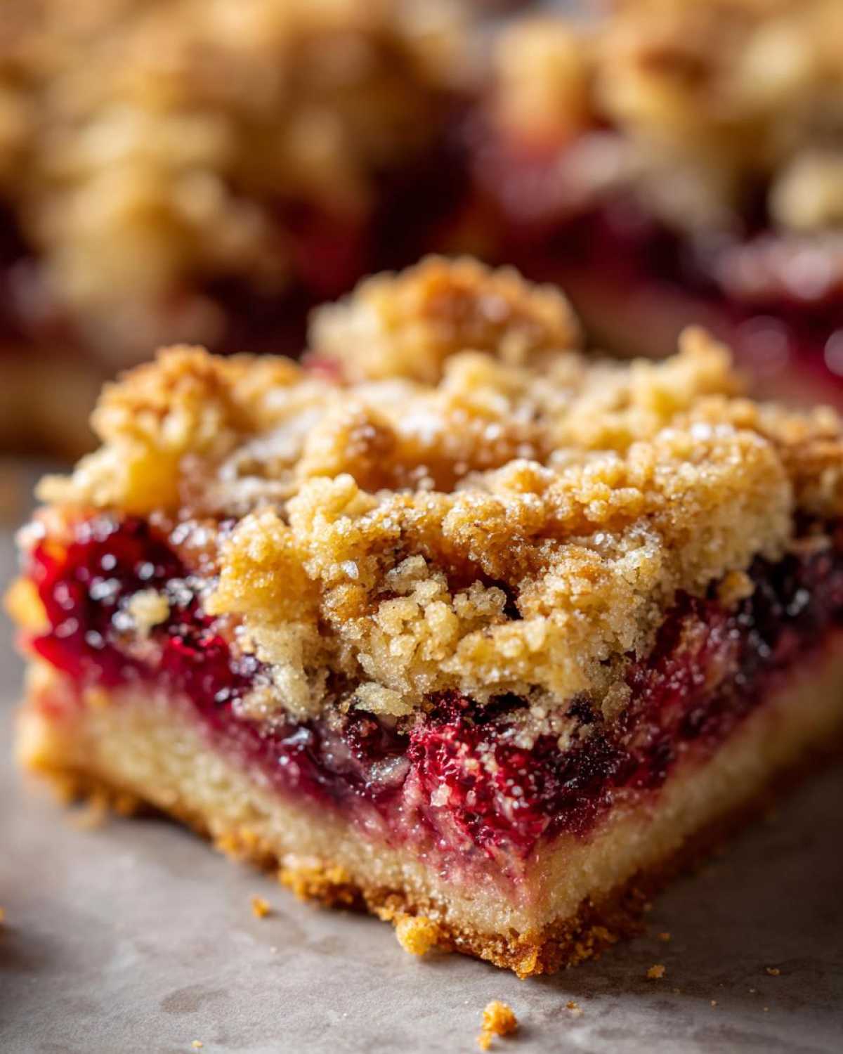 A close-up, macro shot of a single square of Gluten-Free Lemon Berry Crumble Bars showing the crumbly topping and bright berry filling.