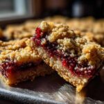 Two rich, golden Gluten-Free Lemon Berry Crumble Bars showing a thick layer of bright red berry filling and crumb topping.