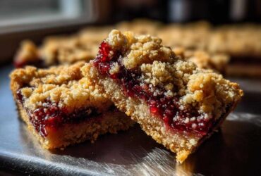 Two rich, golden Gluten-Free Lemon Berry Crumble Bars showing a thick layer of bright red berry filling and crumb topping.