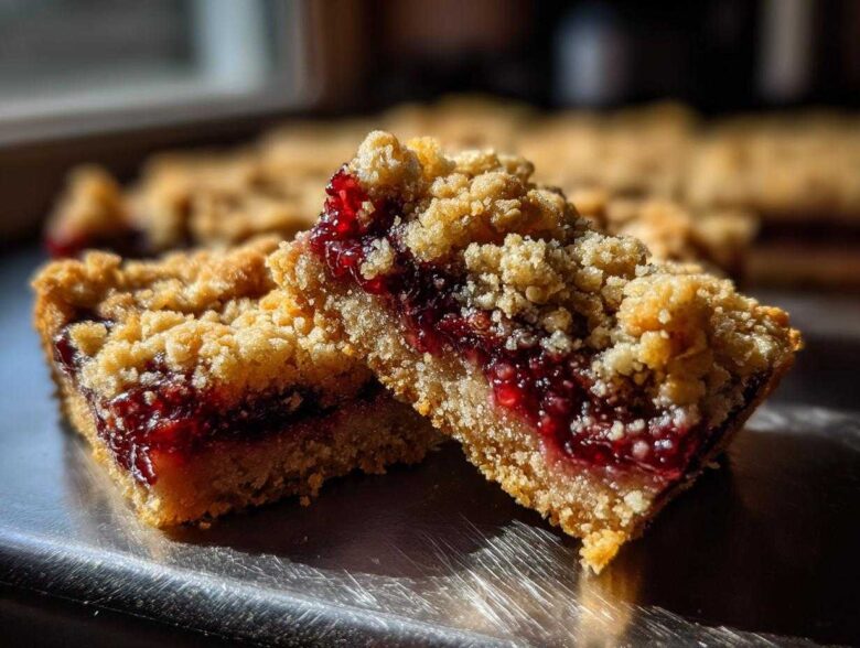 Two rich, golden Gluten-Free Lemon Berry Crumble Bars showing a thick layer of bright red berry filling and crumb topping.