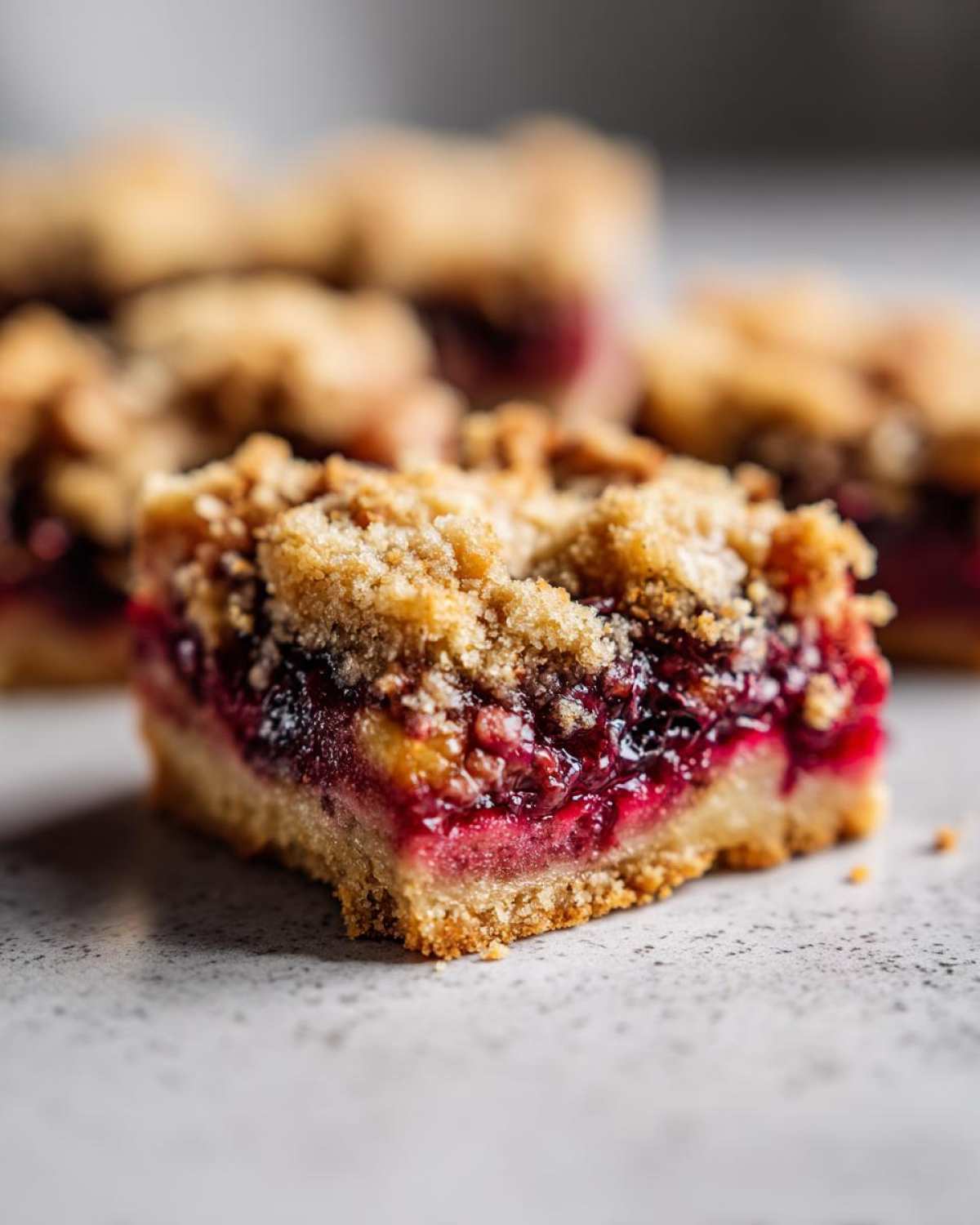 A close-up of a single square of Gluten-Free Lemon Berry Crumble Bars showing the thick berry filling and crumb topping.