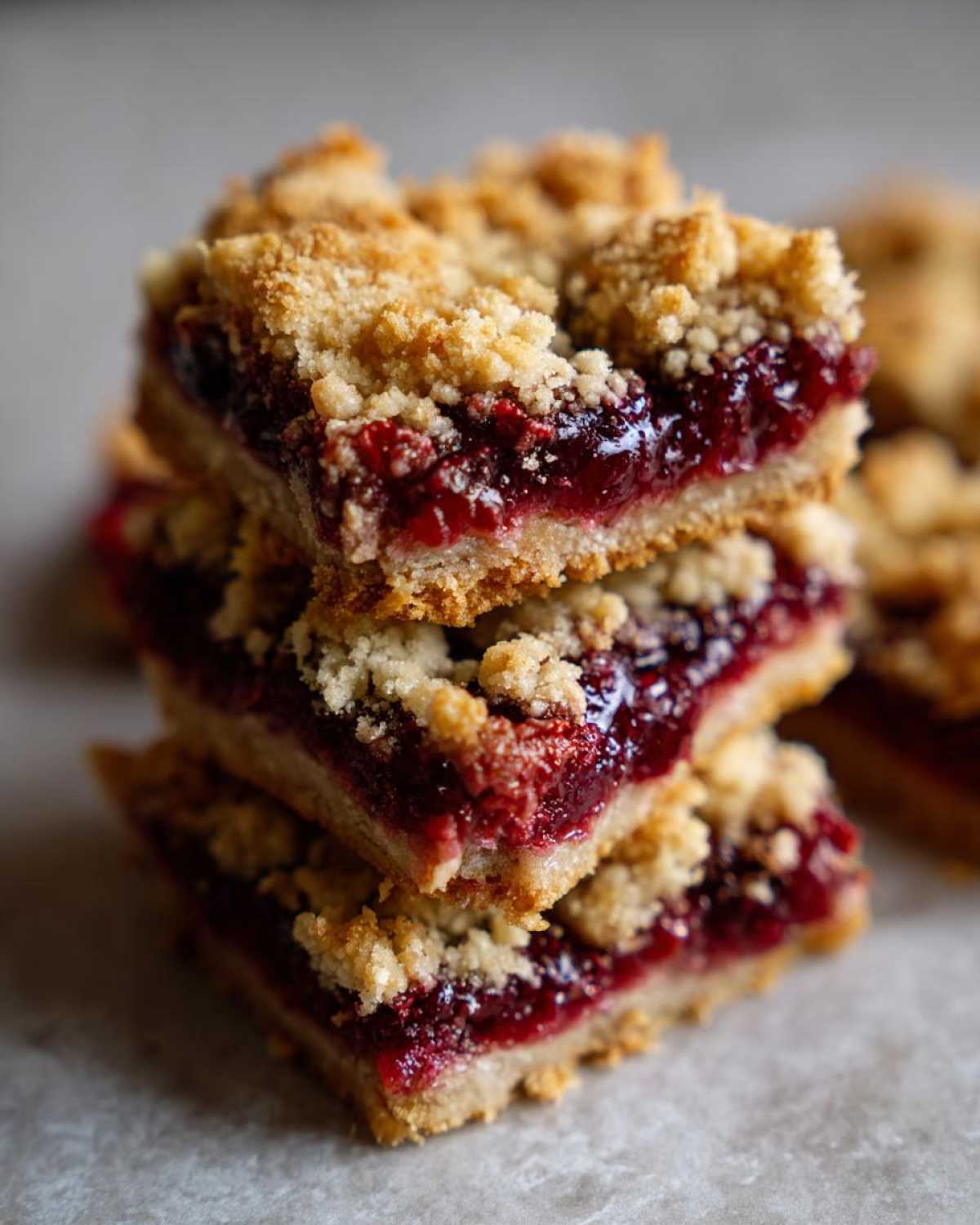 Close-up of three stacked Gluten-Free Lemon Berry Crumble Bars showing a thick, jammy berry layer and crumb topping.