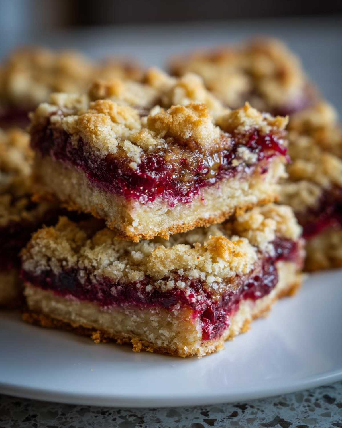 Close-up of stacked Gluten-Free Lemon Berry Crumble Bars showing the thick berry layer and crumb topping.