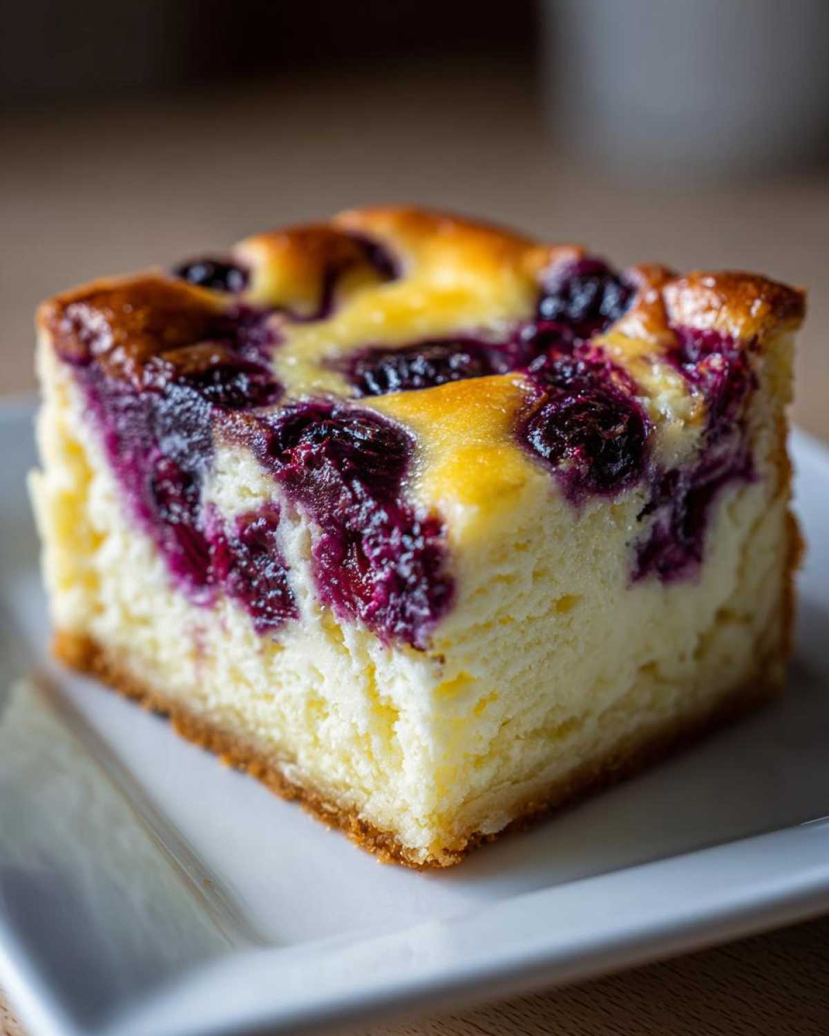 Close-up of a single serving of Gluten-Free Lemon Blueberry Cheesecake Squares on a white plate.