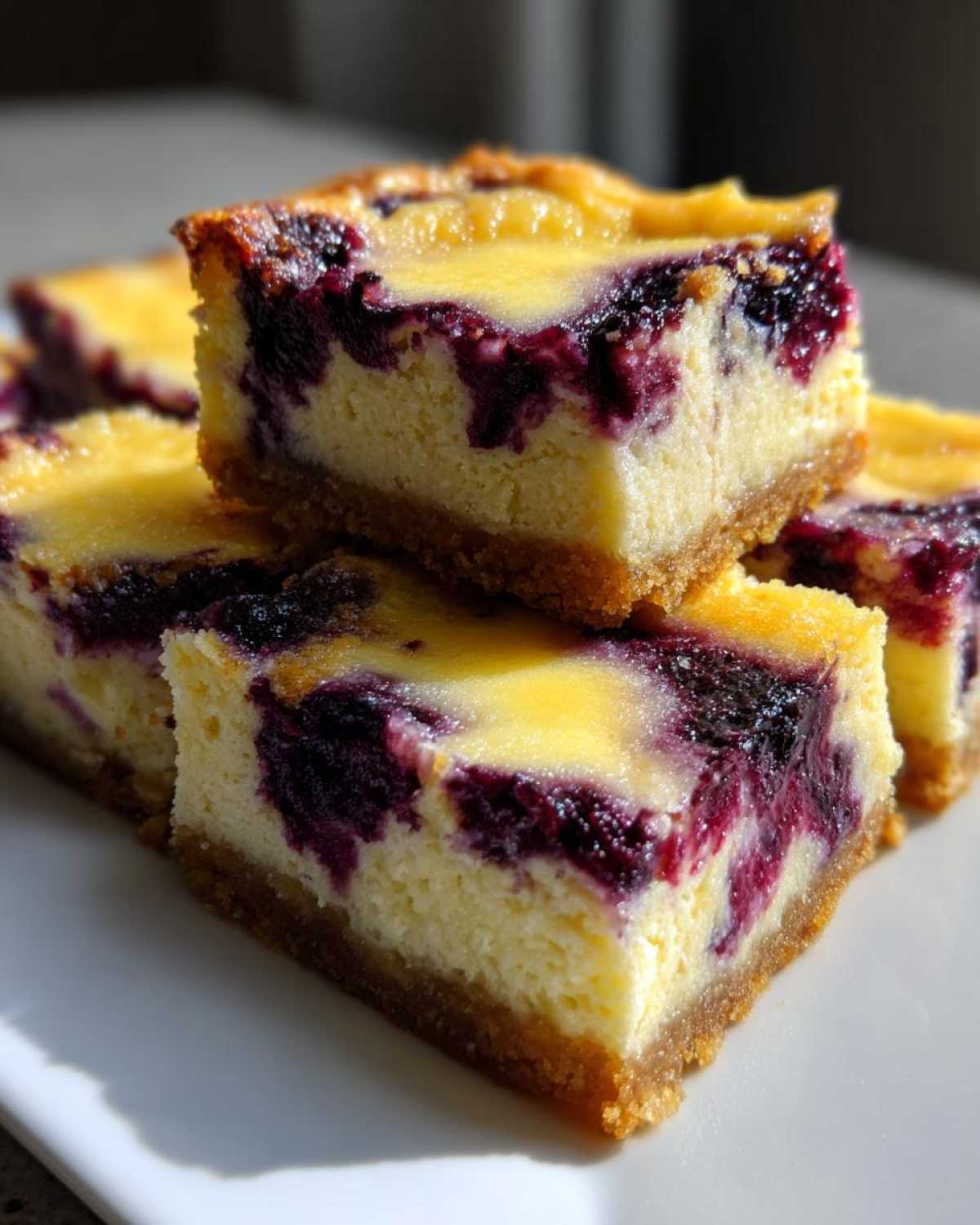 Close-up of stacked Gluten-Free Lemon Blueberry Cheesecake Squares showing the creamy filling and blueberry swirl.
