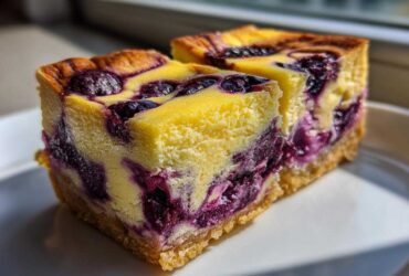 Two rich squares of Gluten-Free Lemon Blueberry Cheesecake Squares with a thick crust, sitting on a white plate.