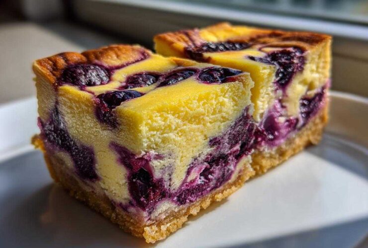 Two rich squares of Gluten-Free Lemon Blueberry Cheesecake Squares with a thick crust, sitting on a white plate.