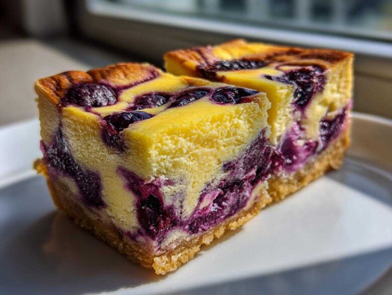 Two rich squares of Gluten-Free Lemon Blueberry Cheesecake Squares with a thick crust, sitting on a white plate.