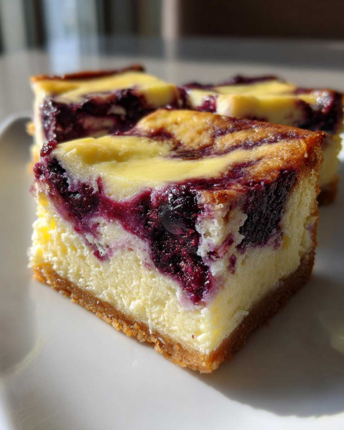 A close-up of a square slice of rich Gluten-Free Lemon Blueberry Cheesecake Squares showing a graham cracker crust and swirled berry topping.