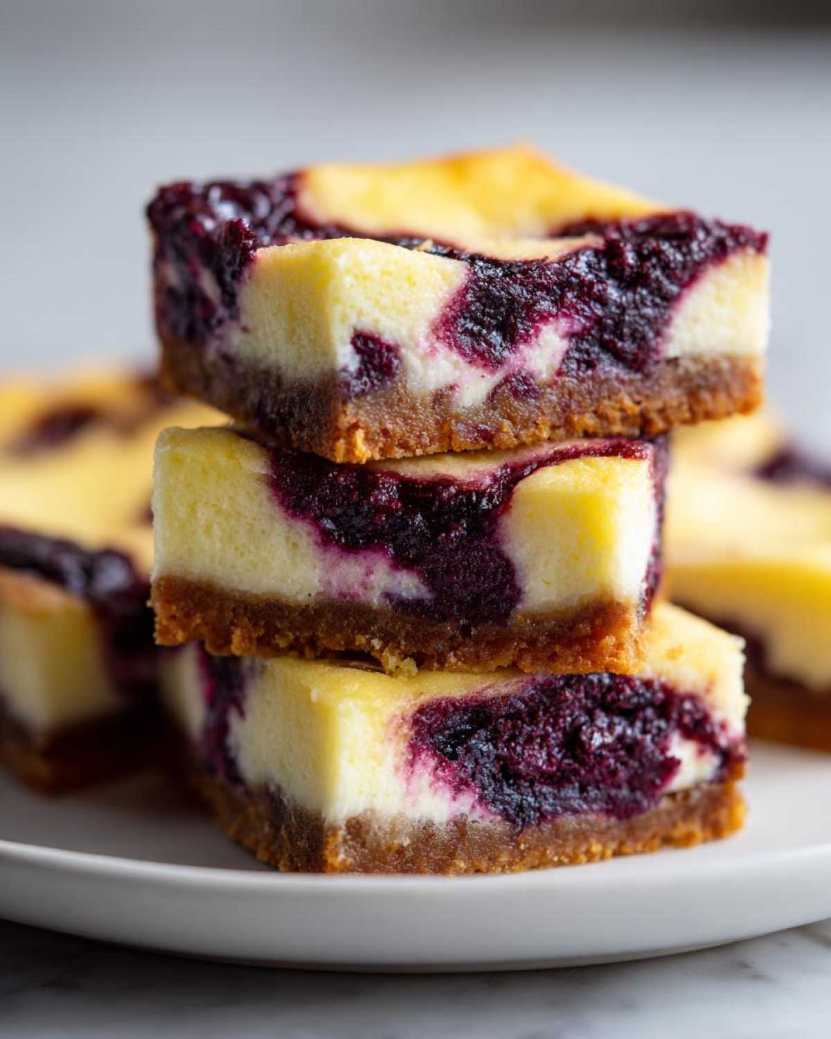 Close-up of three stacked Gluten-Free Lemon Blueberry Cheesecake Squares with a graham cracker crust.