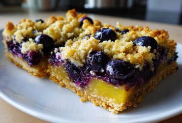 Two slices of Gluten-Free Lemon Blueberry Layer Bars showing a thick crust, bright lemon filling, and blueberry crumble topping.