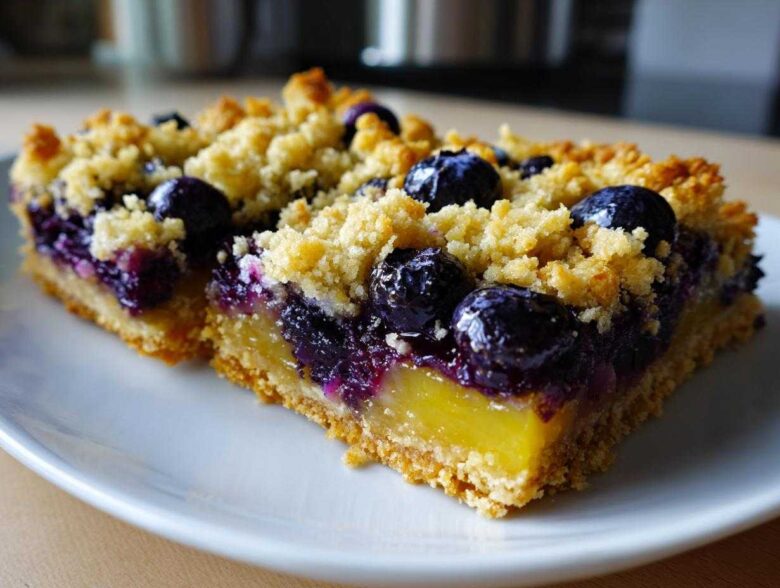 Two slices of Gluten-Free Lemon Blueberry Layer Bars showing a thick crust, bright lemon filling, and blueberry crumble topping.