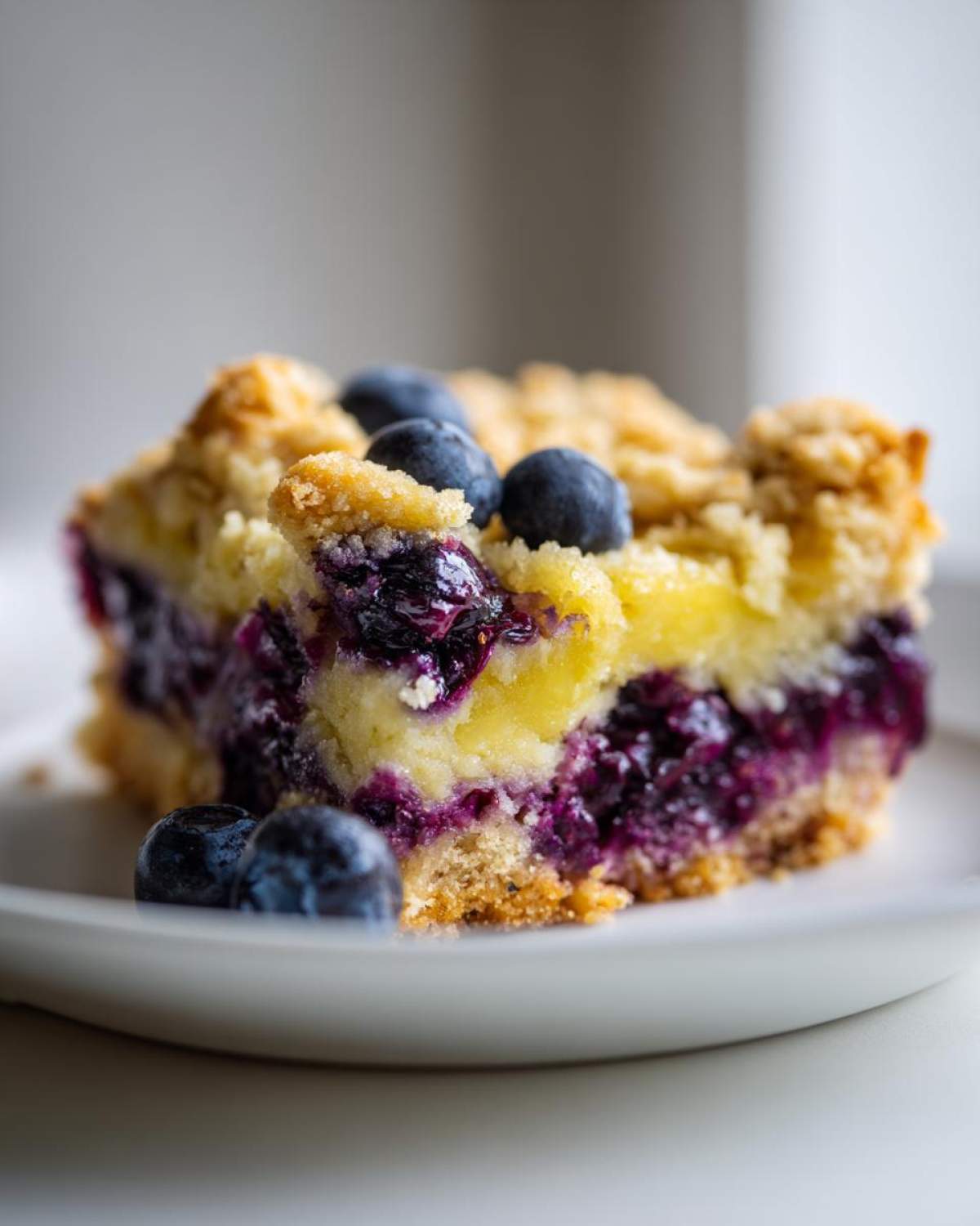 A close-up of a single serving of Gluten-Free Lemon Blueberry Layer Bars showing a crumbly crust, bright lemon filling, and rich blueberry layer.