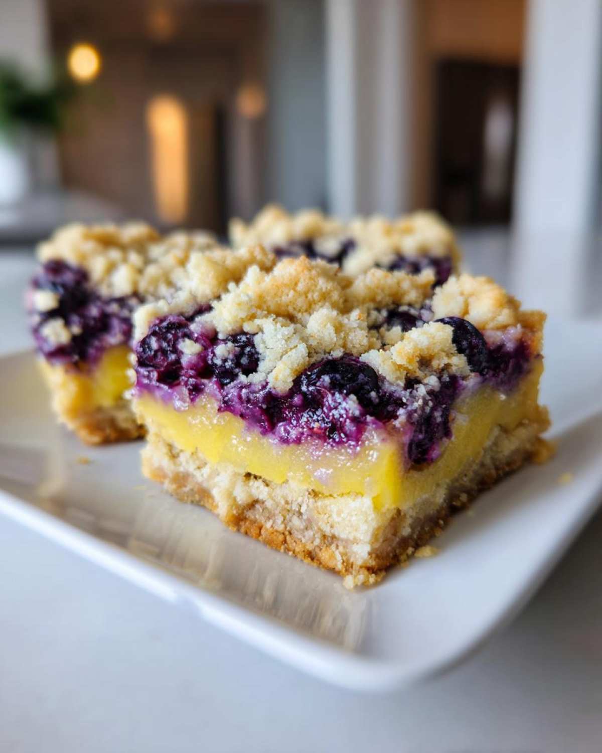 Three slices of Gluten-Free Lemon Blueberry Layer Bars showing a crumbly base, bright yellow lemon filling, and blueberry topping.