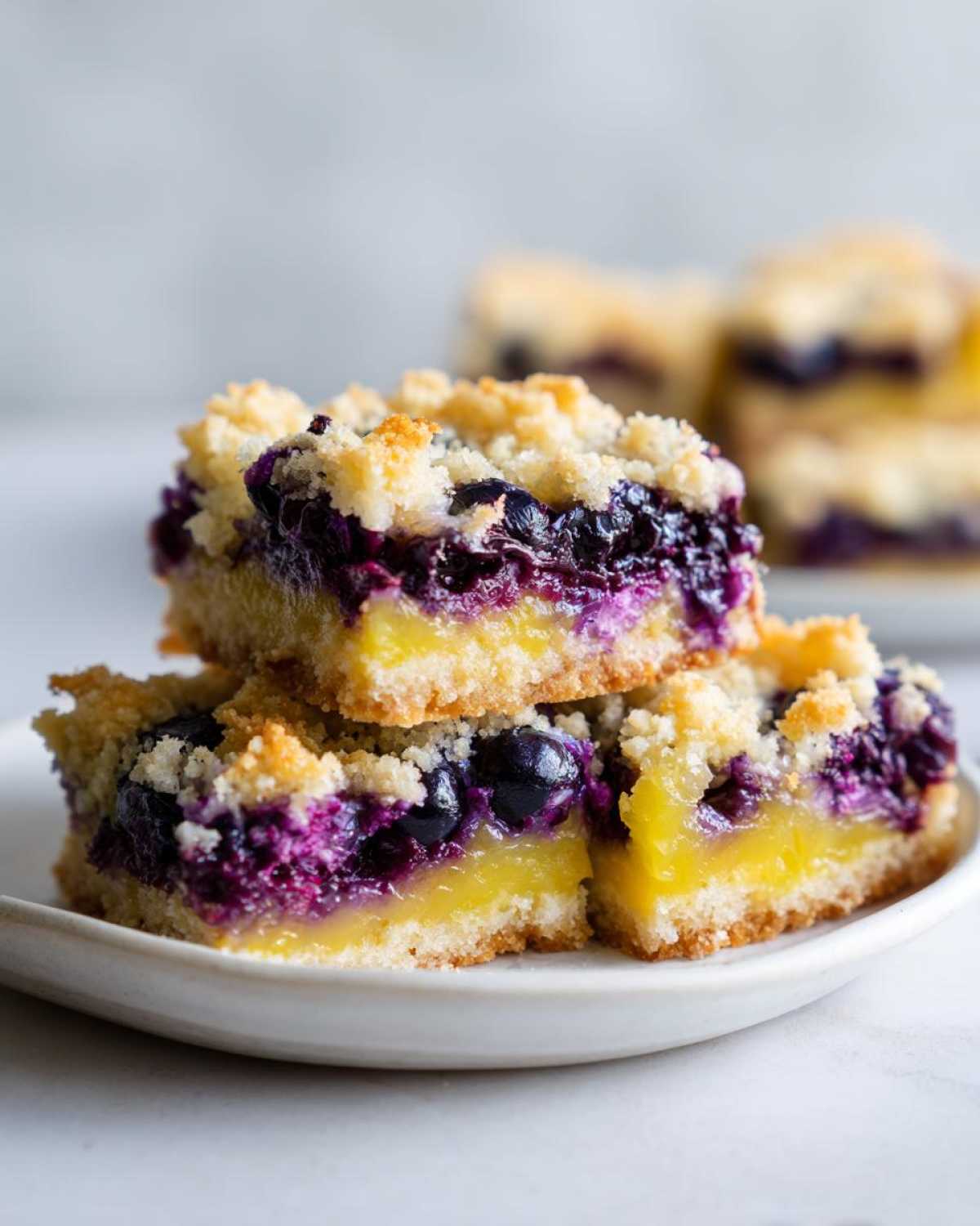 Three stacked Gluten-Free Lemon Blueberry Layer Bars showing a bright yellow lemon filling and deep purple blueberry topping with a crumbly crust.