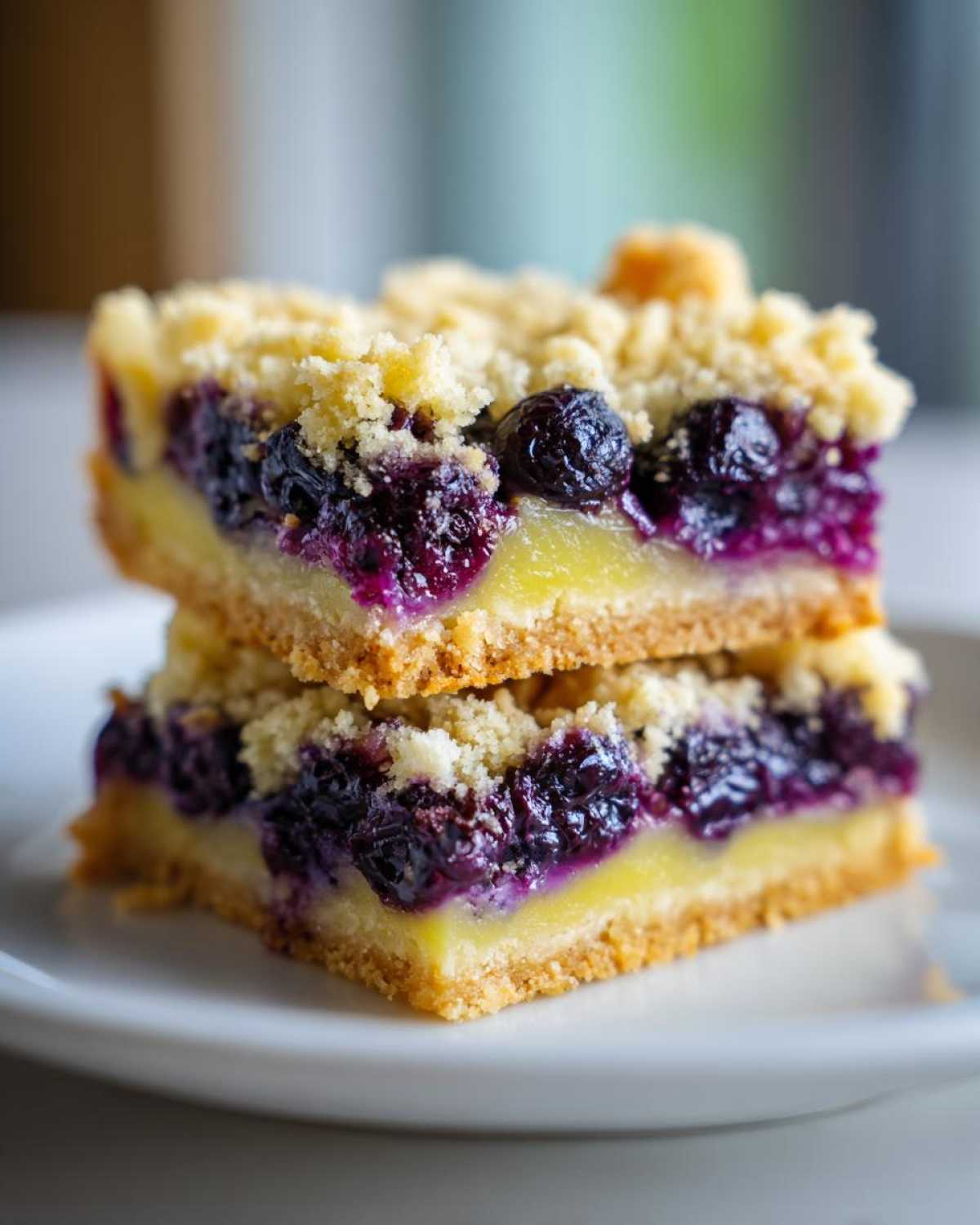 Two stacked Gluten-Free Lemon Blueberry Layer Bars showing the crust, lemon filling, and blueberry topping.