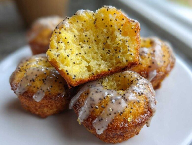 Close-up of Gluten-Free Lemon Poppy Seed Donut Holes, one cut open showing the moist interior dotted with poppy seeds and covered in lemon glaze.