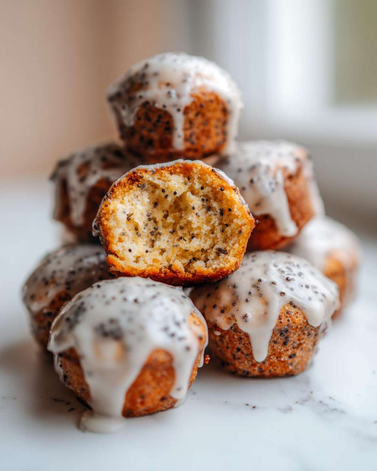 A stack of glazed Gluten-Free Lemon Poppy Seed Donut Holes, with one cut in half showing the moist interior and poppy seeds.