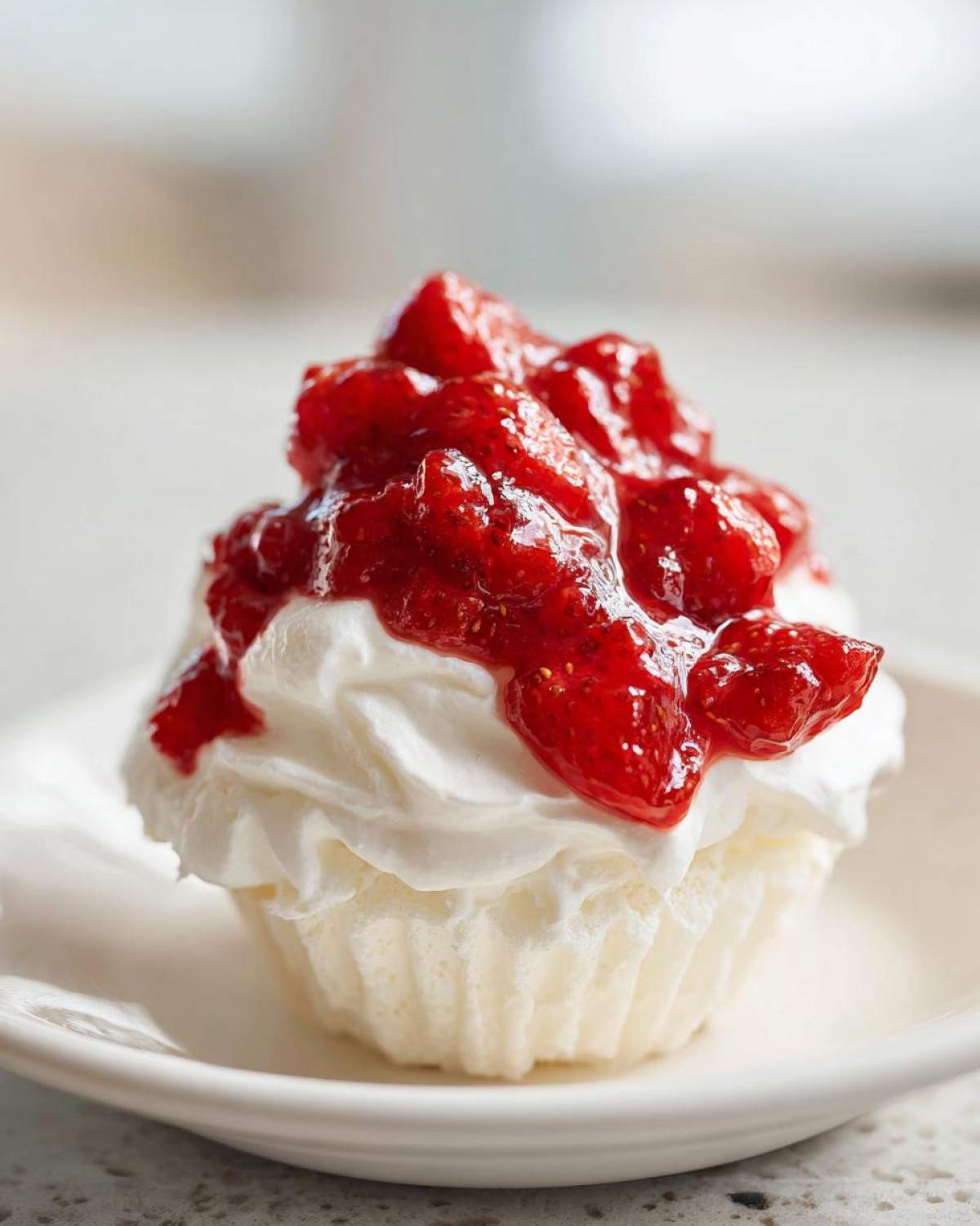 Close-up of a single Gluten-Free Lemon Strawberry Angel Food Cup topped with whipped cream and macerated strawberries.