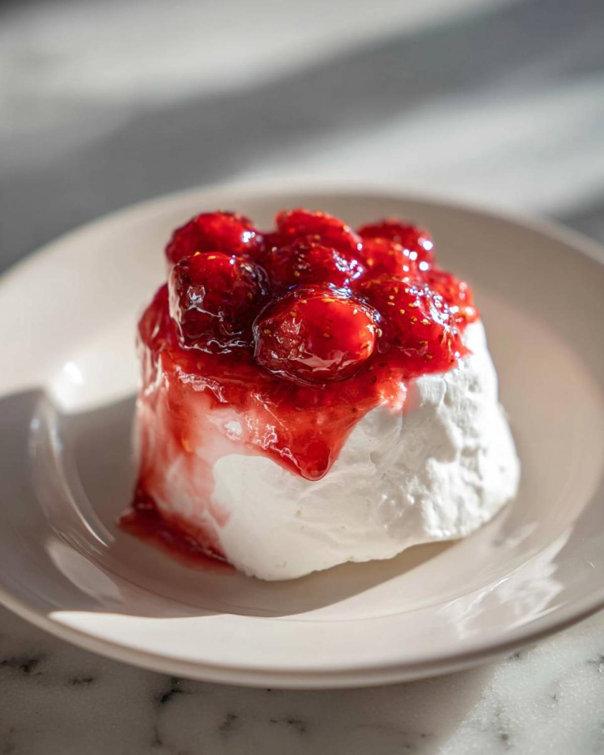 A single serving of Gluten-Free Lemon Strawberry Angel Food Cup topped with glistening strawberry compote.