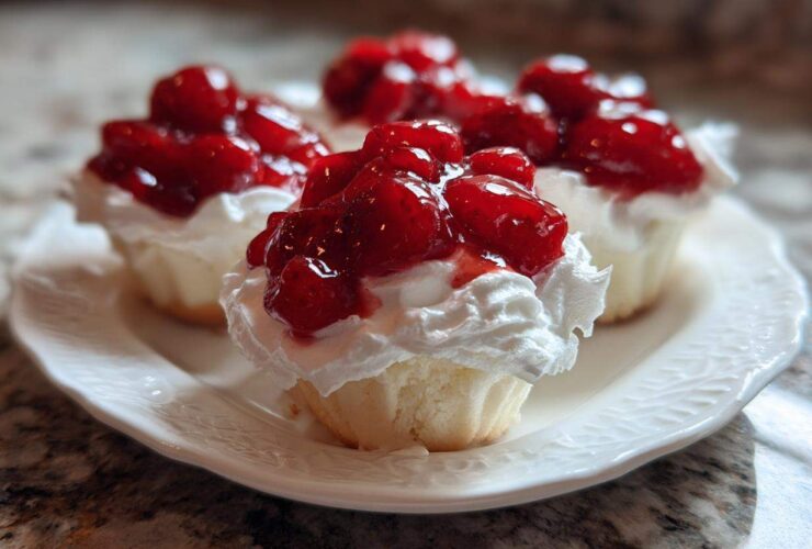Close-up of several Gluten-Free Lemon Strawberry Angel Food Cups topped with whipped cream and glossy strawberries.