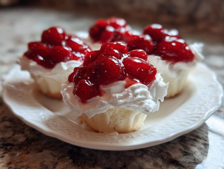 Close-up of several Gluten-Free Lemon Strawberry Angel Food Cups topped with whipped cream and glossy strawberries.