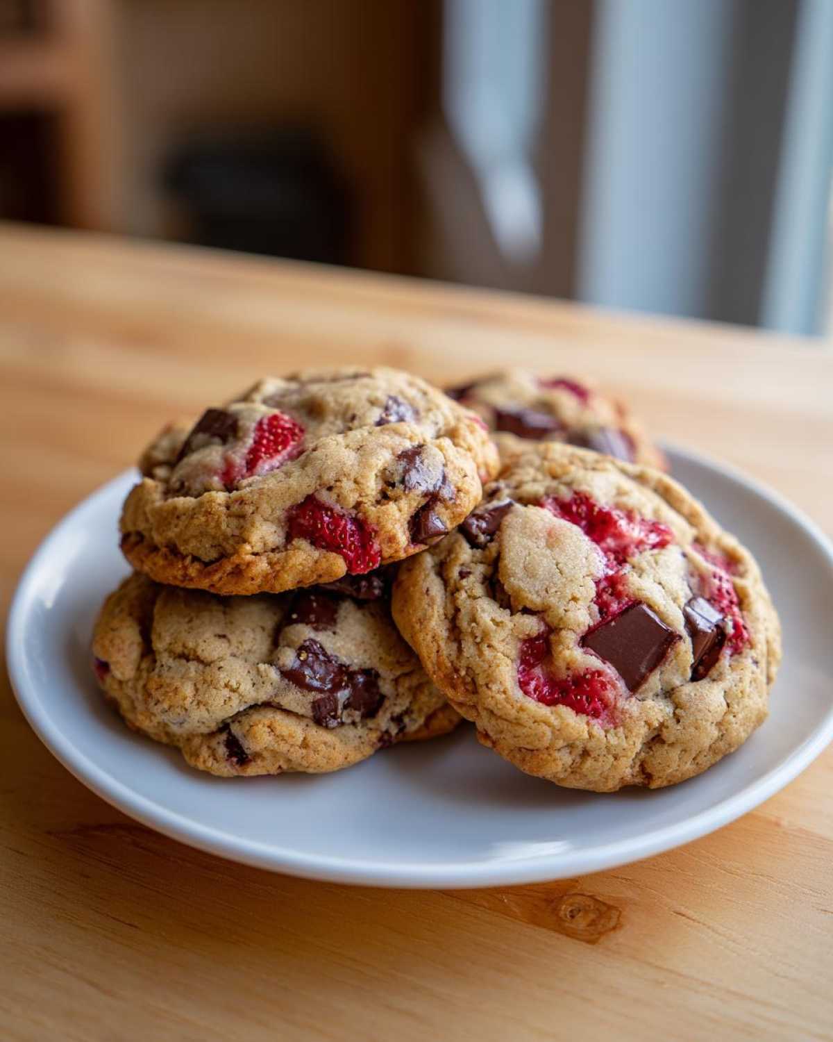 A stack of freshly baked Gluten-Free Strawberry Chocolate Chip Cookies featuring visible chunks of dark chocolate and bright red strawberries.