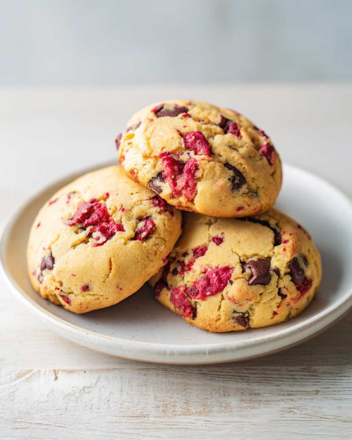 Three soft-baked Gluten-Free Strawberry Chocolate Chip Cookies stacked on a small, light-colored plate.