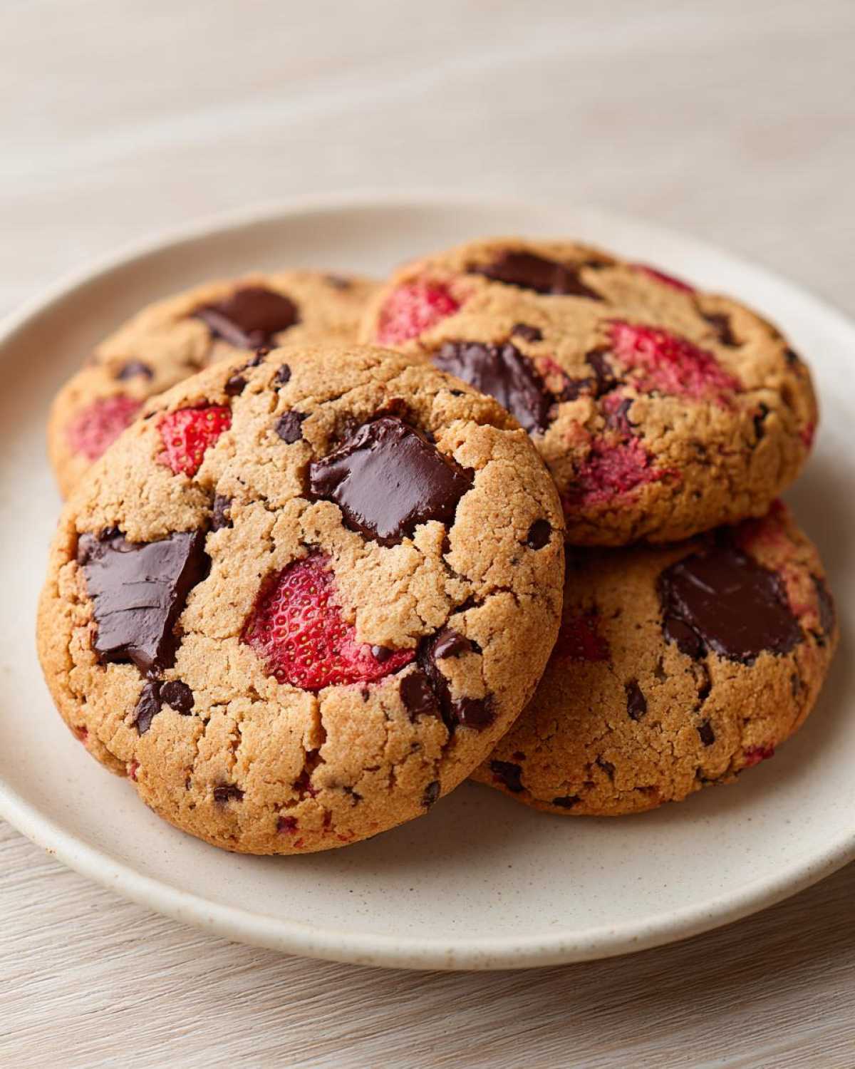 Close-up of four Gluten-Free Strawberry Chocolate Chip Cookies stacked on a light plate.