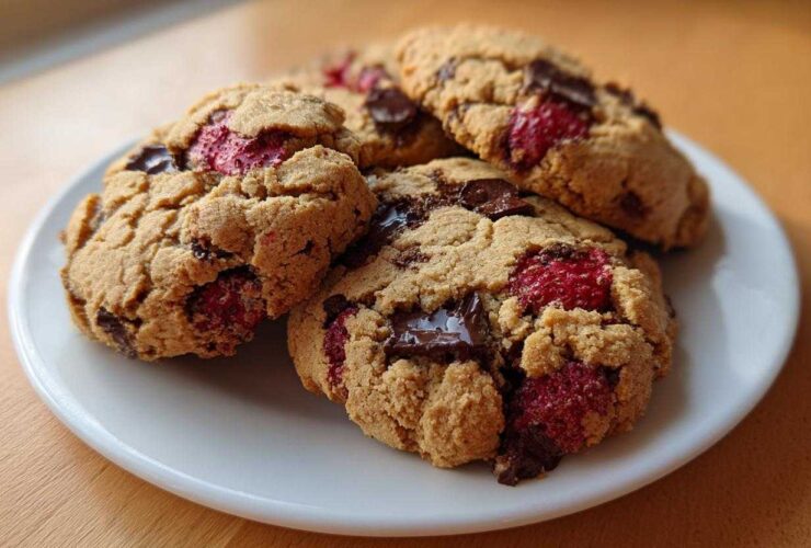 A stack of freshly baked Gluten-Free Strawberry Chocolate Chip Cookies featuring melted chocolate chunks and bright red strawberry pieces.