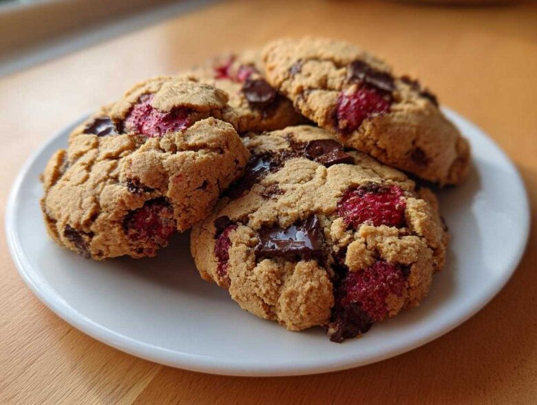 A stack of freshly baked Gluten-Free Strawberry Chocolate Chip Cookies featuring melted chocolate chunks and bright red strawberry pieces.