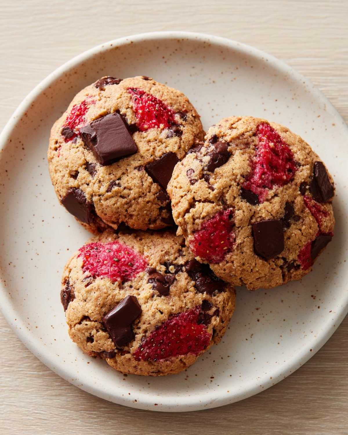 Three freshly baked Gluten-Free Strawberry Chocolate Chip Cookies with large chocolate chunks on a speckled white plate.