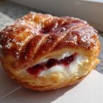 Close-up of a golden brown Gluten-Free Strawberry Cream Cheese Danish filled with white cream cheese and strawberry jam.