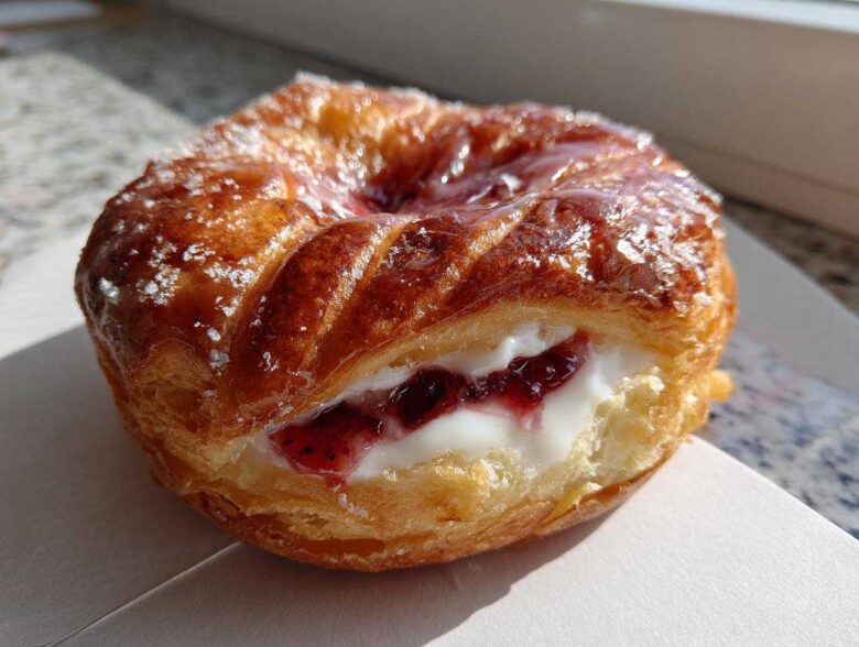 Close-up of a golden brown Gluten-Free Strawberry Cream Cheese Danish filled with white cream cheese and strawberry jam.
