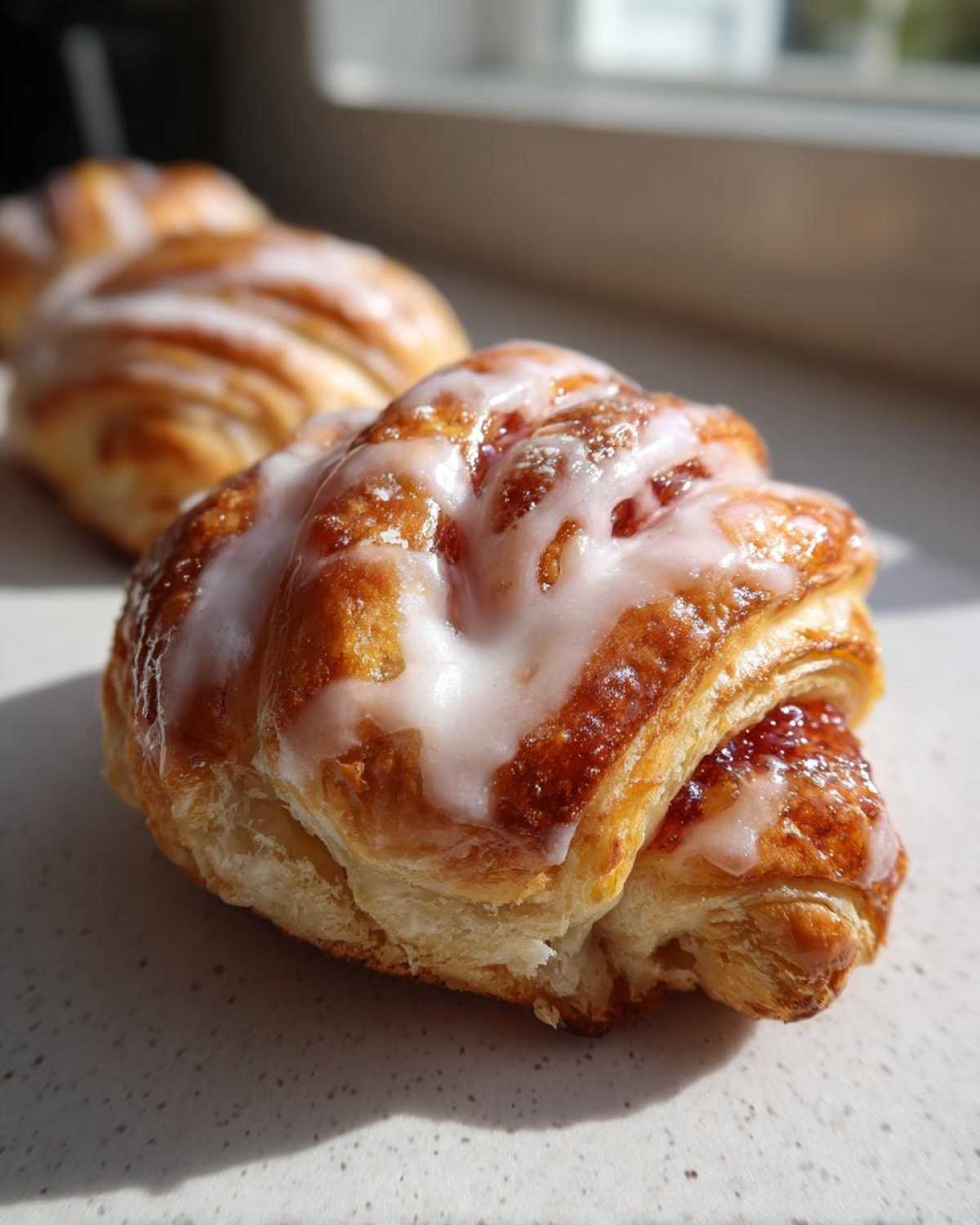 Close-up of a flaky, golden Gluten-Free Strawberry Cream Cheese Danish drizzled with white icing.