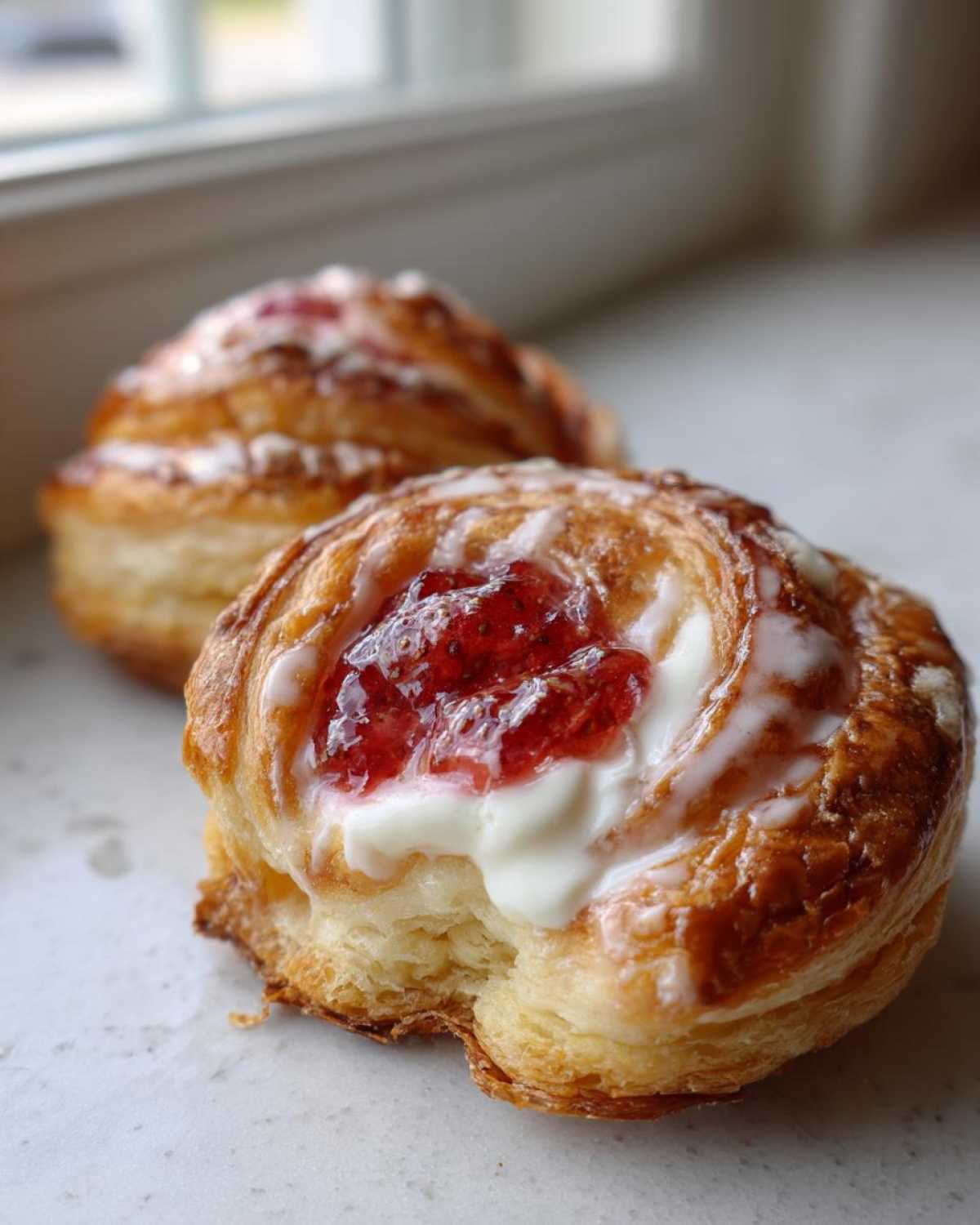 Close-up of a flaky Gluten-Free Strawberry Cream Cheese Danish with a bite taken out, showing strawberry filling and cream cheese.