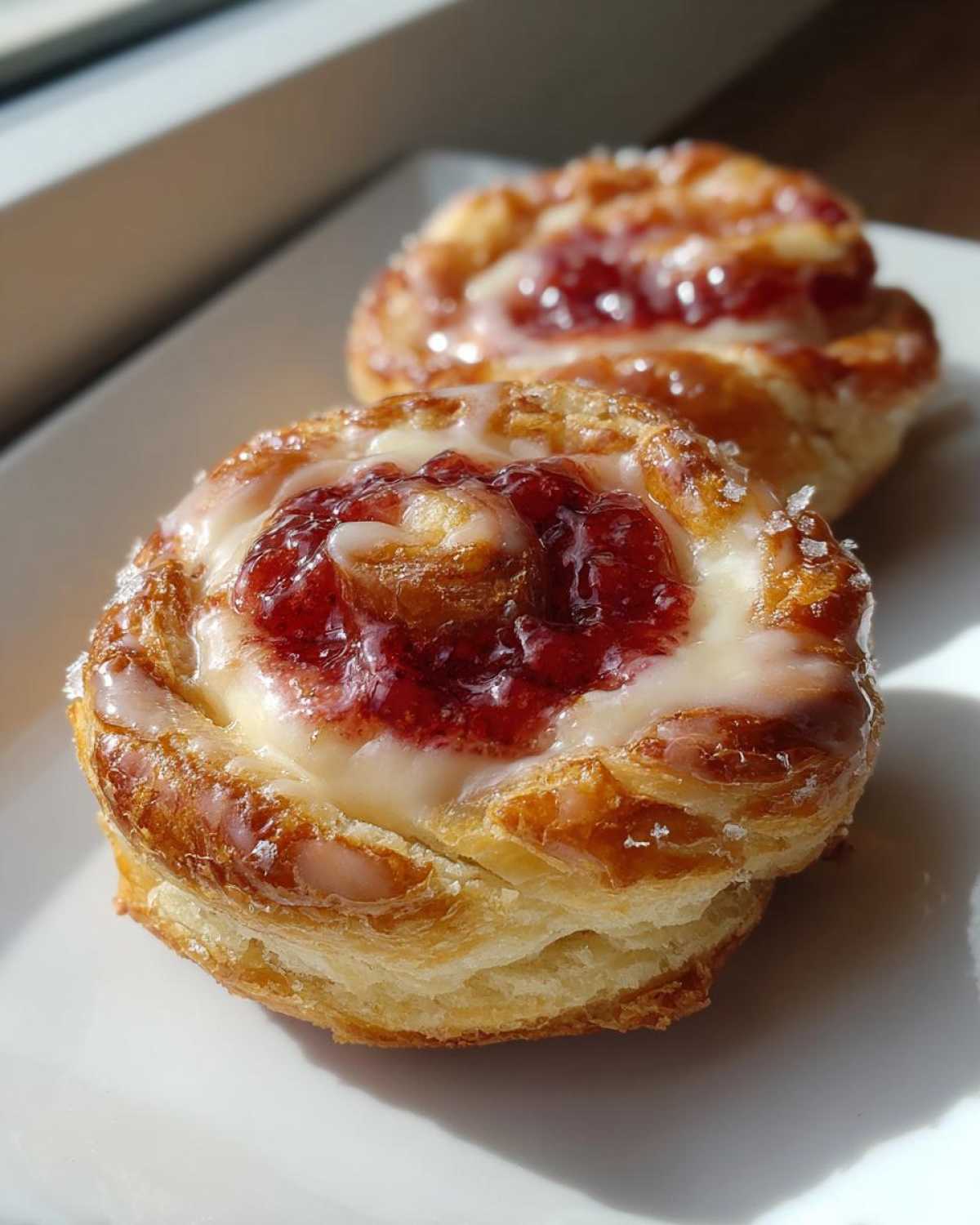 Close-up of two flaky Gluten-Free Strawberry Cream Cheese Danishes topped with glaze and coarse sugar.