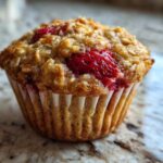 A close-up, appetizing shot of a single Gluten-Free Strawberry Oat Muffin with visible oats and bright red strawberry pieces on top.