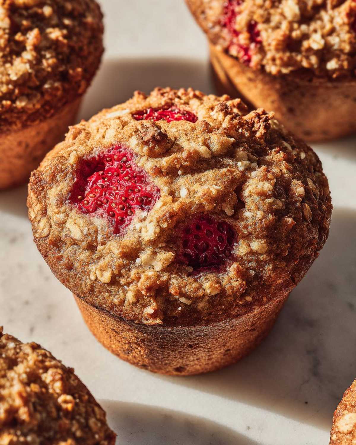 Close-up of a freshly baked Gluten-Free Strawberry Oat Muffin featuring visible strawberries and an oat streusel topping.