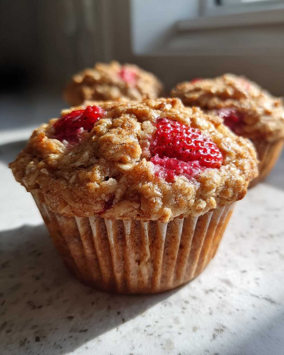 A close-up of a freshly baked Gluten-Free Strawberry Oat Muffin topped with bright red strawberries.