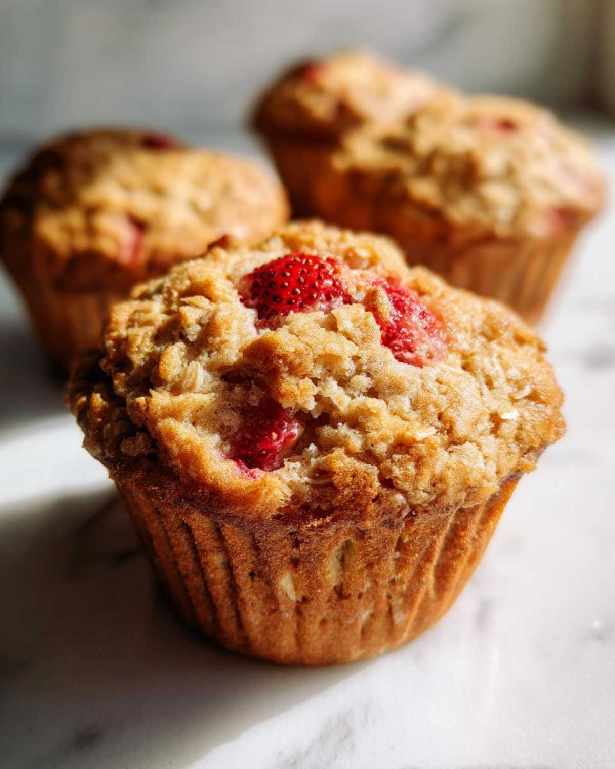 A close-up of a freshly baked Gluten-Free Strawberry Oat Muffin with visible oats and strawberry pieces on top.