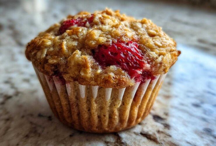 A close-up, appetizing shot of a single Gluten-Free Strawberry Oat Muffin with visible oats and bright red strawberry pieces on top.