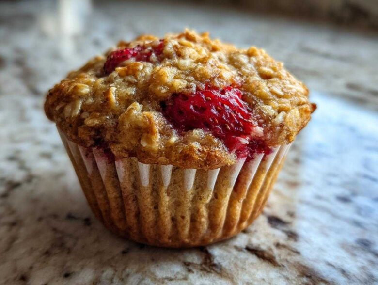 A close-up, appetizing shot of a single Gluten-Free Strawberry Oat Muffin with visible oats and bright red strawberry pieces on top.