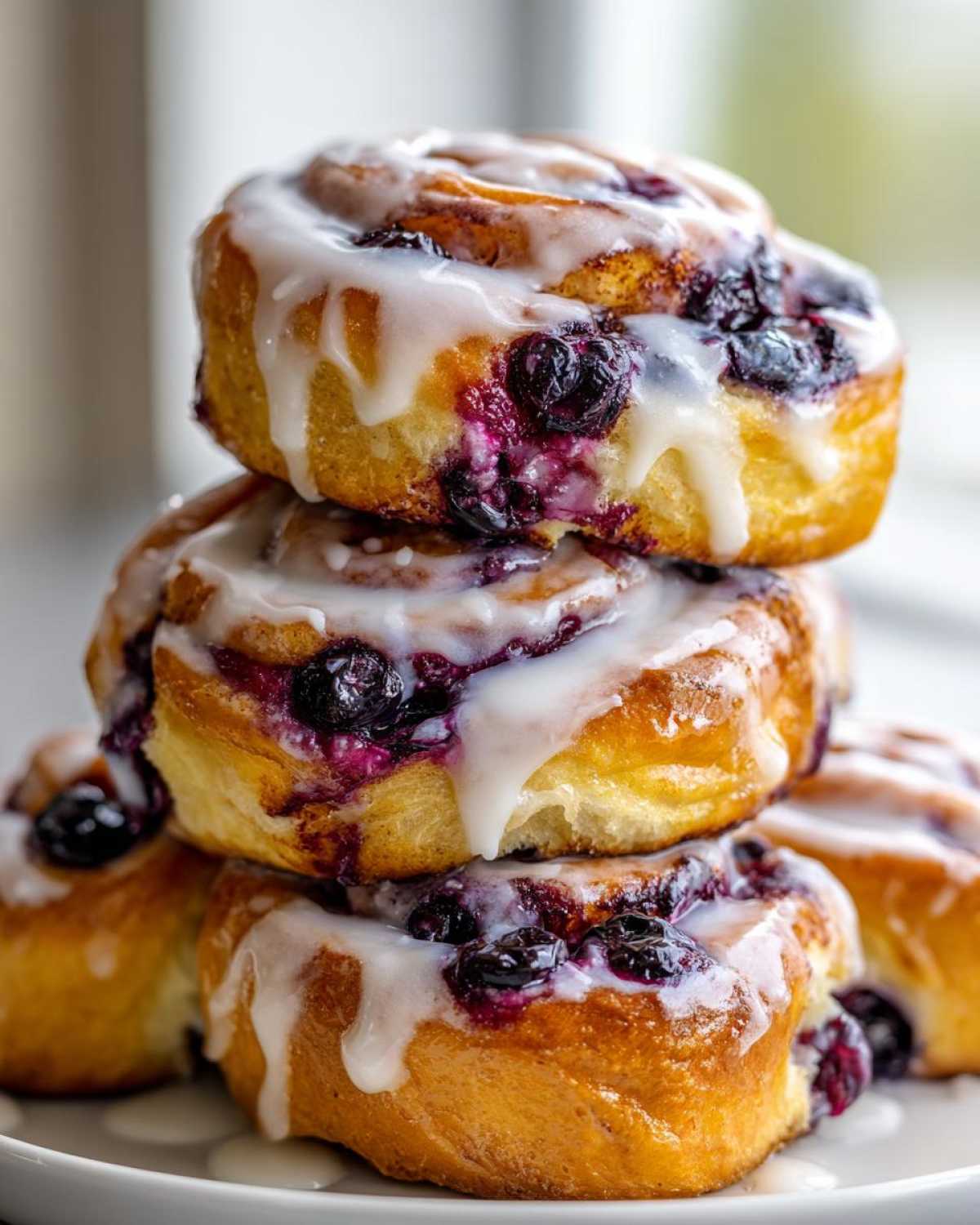 A close-up stack of three gooey Blueberry Cinnamon Rolls generously drizzled with white icing.