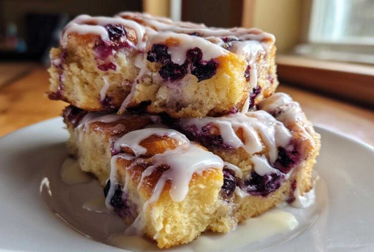 A stack of three gooey Blueberry Cinnamon Rolls generously topped with white icing, sitting on a white plate.