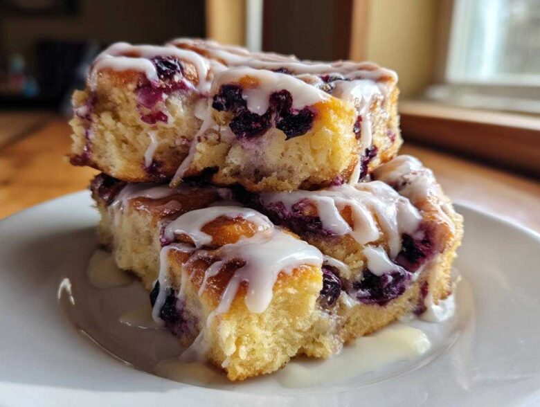 A stack of three gooey Blueberry Cinnamon Rolls generously topped with white icing, sitting on a white plate.