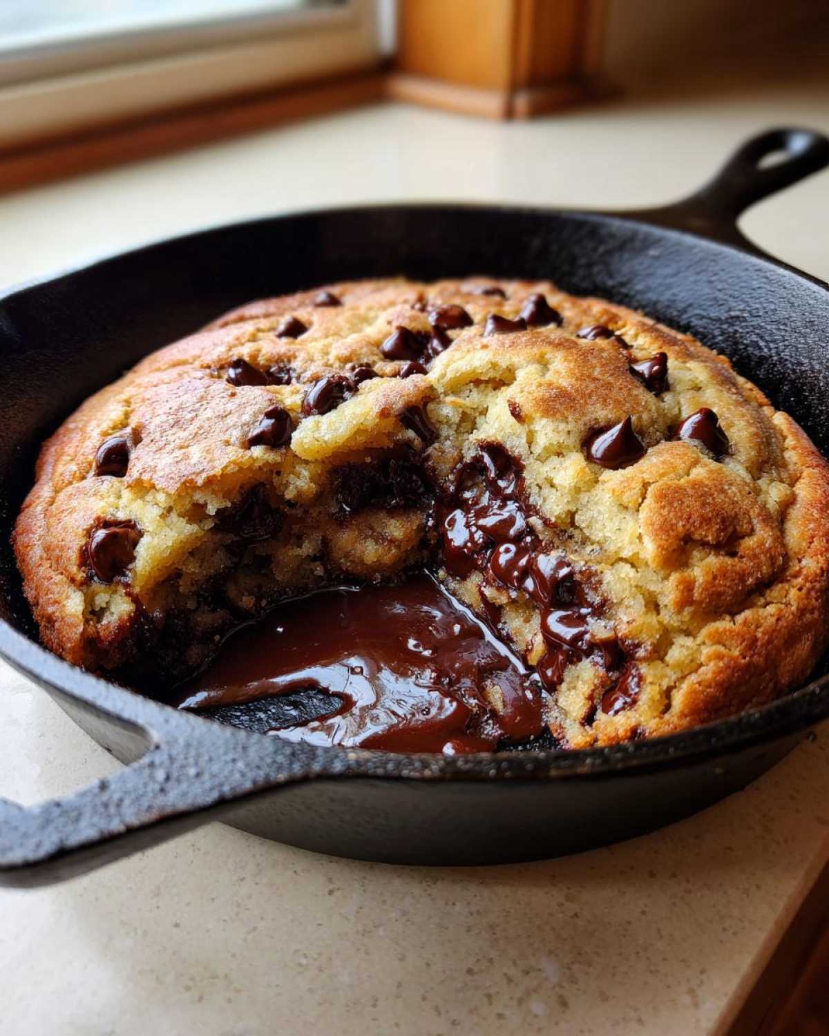 A warm Gluten-Free Chocolate Chip Skillet Cookie with a piece broken open revealing melted chocolate.