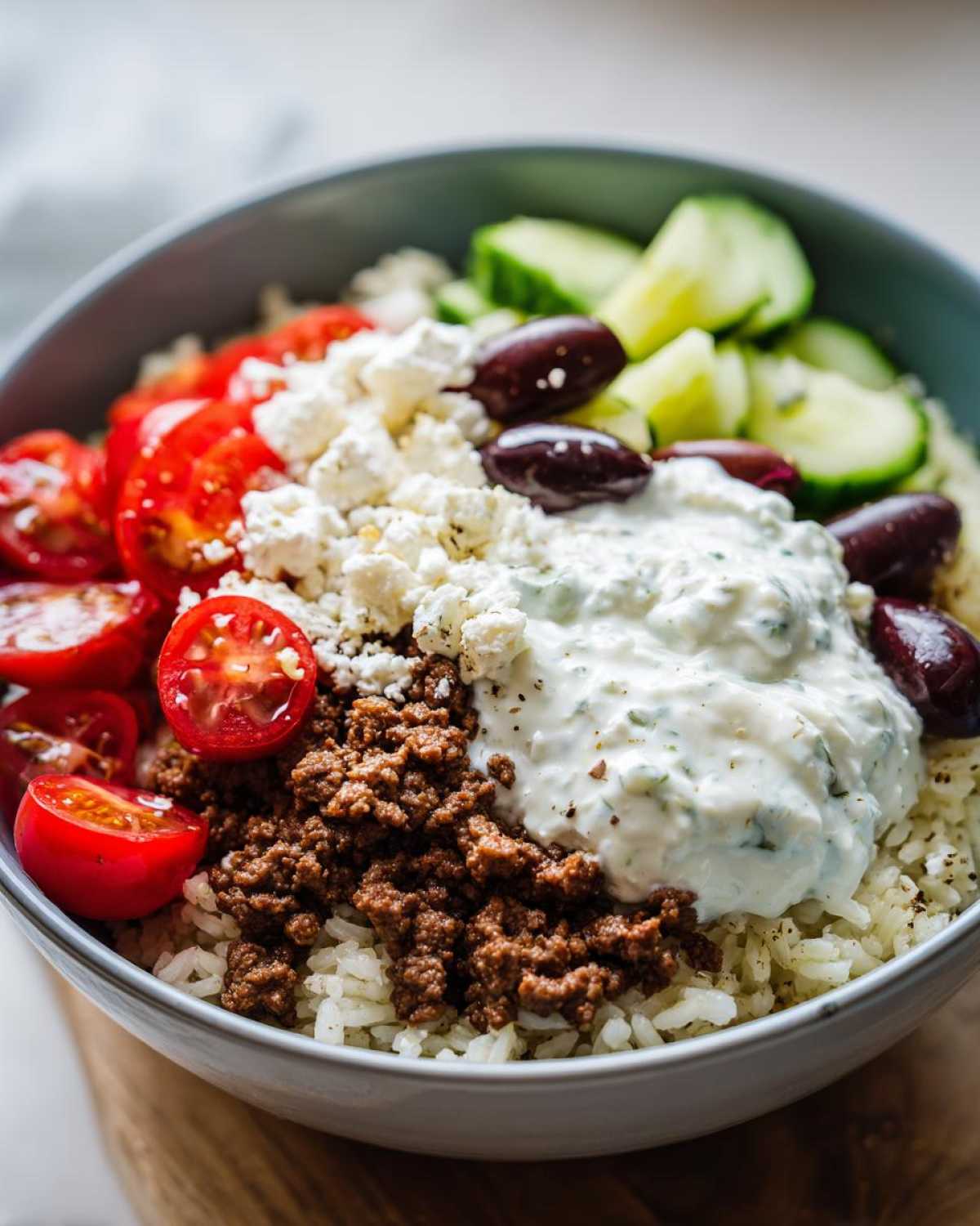 Close-up of a Greek Ground Beef Rice Bowl with seasoned ground beef, rice, tzatziki, tomatoes, feta, and olives.
