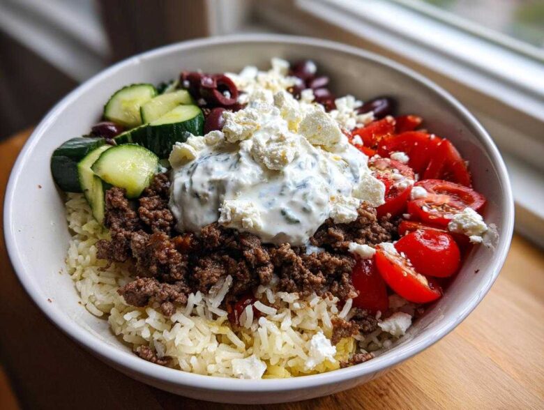 A vibrant Greek Ground Beef Rice Bowl featuring seasoned meat, rice, cucumber, tomatoes, olives, feta, and a dollop of tzatziki.