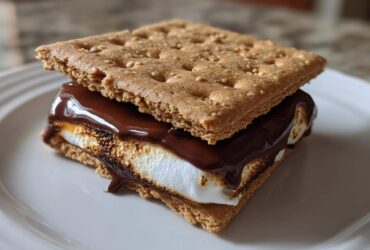A close-up of a gooey HERSHEY'S S'mores sandwich featuring a toasted marshmallow, melted chocolate, and graham crackers.